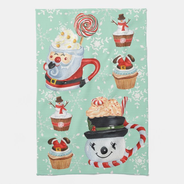 Paño De Cocina Navidades Santa y Snowman Hot Cocoa & Cupcakes (Vertical)
