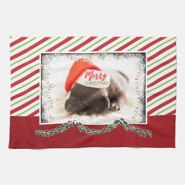 Paño De Cocina Navidades se pug en Santa Hat con luces Navidades (Horizontal)