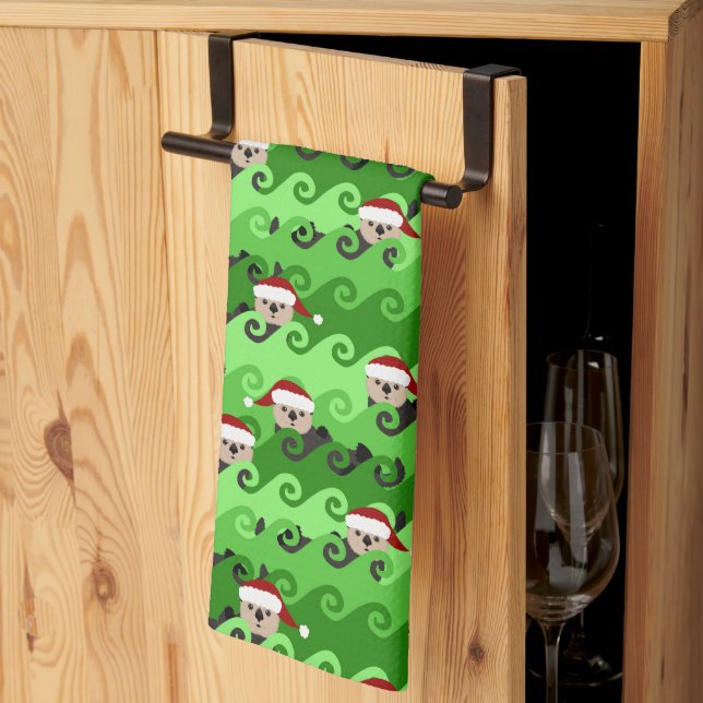 Paño De Cocina Navidades Sea Otters Green Waves (Pliegue de tercios)