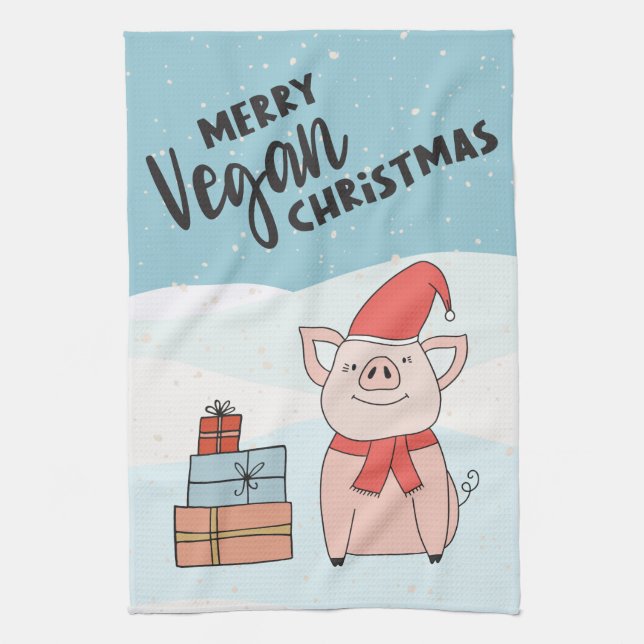 Paño De Cocina Navidades veganos con lechón personalizado y copos (Vertical)