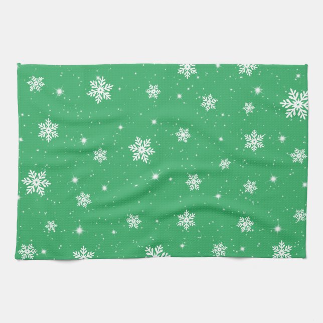 Paño De Cocina Navidades verdes: Patrón de copos de nieve (Horizontal)