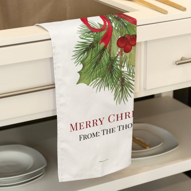 Paño De Cocina Navidades Watercolor Red Holly Berries Simple (Merry Christmas greenery and holly berries custom kitchen towel.)