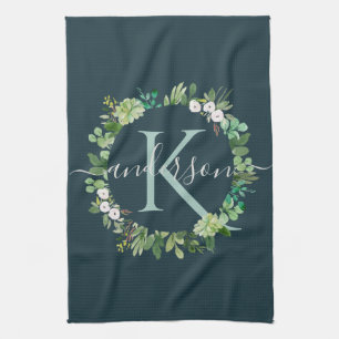 PAÑO DE COCINA NAVY BLUE GRIS WREATY FOLIAGE WATERCOLOR MONOGRAM