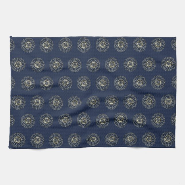 Paño De Cocina Navy | Golden Zinnia Flower Medallions (Horizontal)
