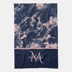 Paño De Cocina Navy y mármol de oro rosa Monograma Elegante Lujo