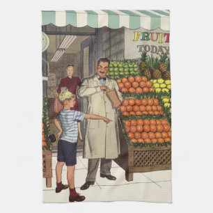 Paño De Cocina Negocio Antiguo, Frutería con Tendero y Niño
