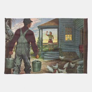 Paño De Cocina Negocio Antiguo, Granja con Granjero y Gallinas