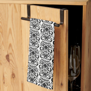 Paño De Cocina Negra de la Damask del Viejo Mundo en Blanco