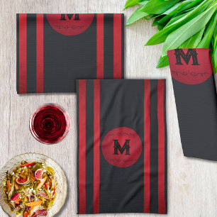 Paño De Cocina Negro clásico con banda roja moderna inicial