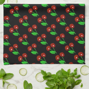 Paño De Cocina Negro elegante con las cerezas rojas