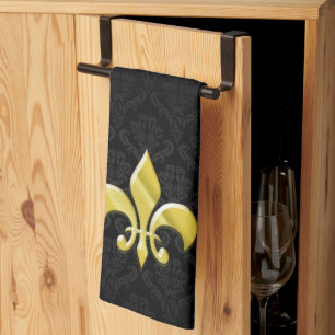 Paño De Cocina Negro/flor de lis del damasco del oro