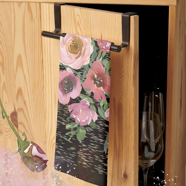 Paño De Cocina Negro floral rosado (Pink floral black kitchen towel)