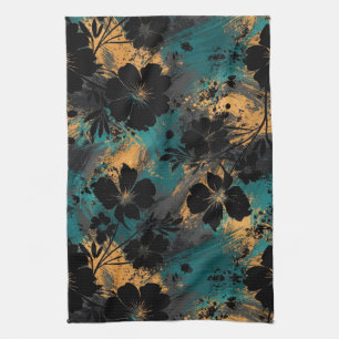 Paño De Cocina Negro Floral Silueta en Negrita con Verde Azulado 