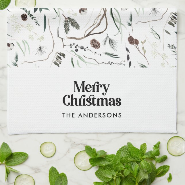 Paño De Cocina Negro moderno y elegante acuarela botánico rústico (Doblado)