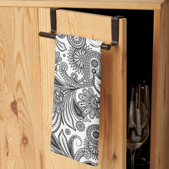 Paño De Cocina Negro y blanco paisley (Pliegue de tercios)