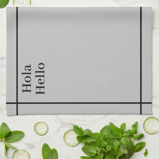 Paño De Cocina Negro y gris bilingüe Hola-Hola, español-inglés (Doblado)