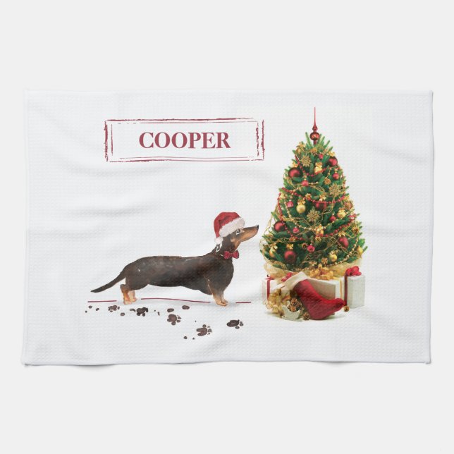 Paño De Cocina Negro y Tan Dachshund Navidades graciosos perro (Horizontal)