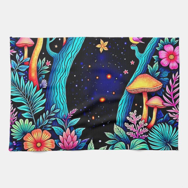 Paño De Cocina Neon Fantasy Forest Night Glow Design (Horizontal)