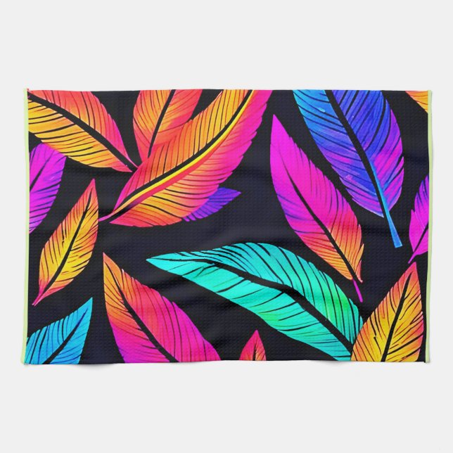 Paño De Cocina Neon Feather Pattern Vibrant Art (Horizontal)