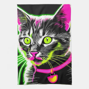 Paño De Cocina Neon Kitty Feline Art