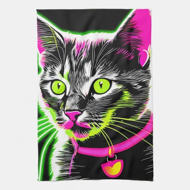 Paño De Cocina Neon Kitty Feline Art (Vertical)