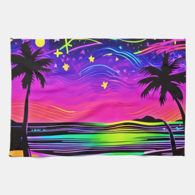 Paño De Cocina Neon Night Beachscape (Horizontal)