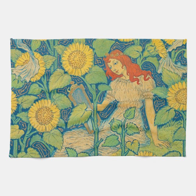 Paño De Cocina Niña flor en jardín de girasol (Horizontal)