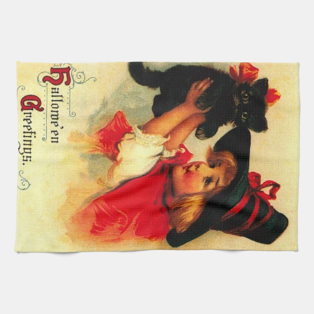 Paño De Cocina Niña Pequeña Con Su Gato Negro (Horizontal)