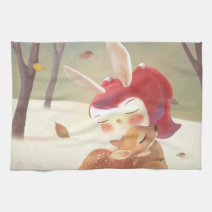 Paño De Cocina Niña que abraza a ciervo