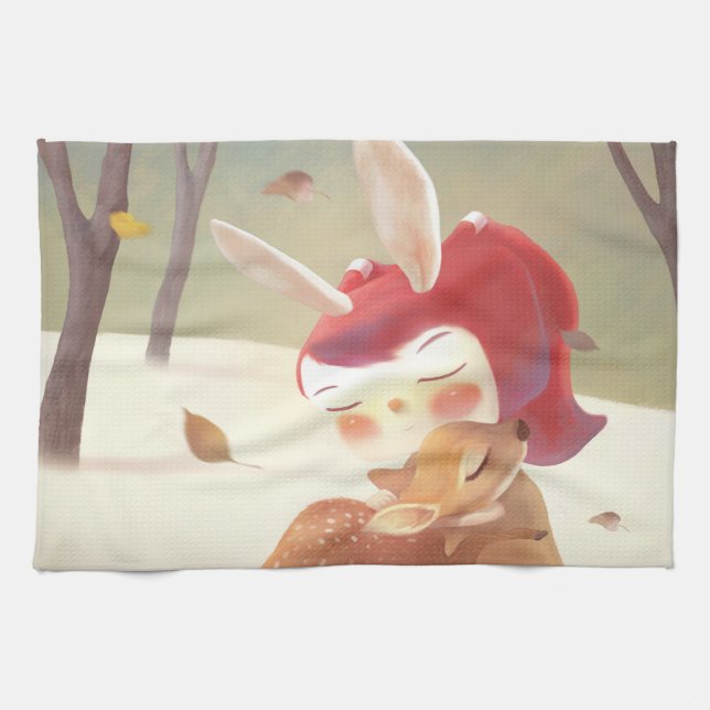 Paño De Cocina Niña que abraza a ciervo (Horizontal)