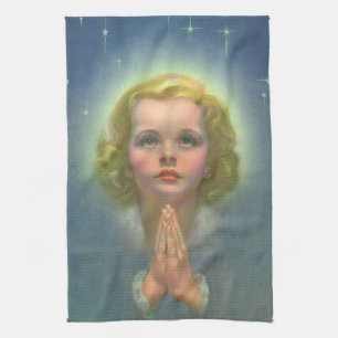 Paño De Cocina Niña rubia angelical con halo y estrellas rezando