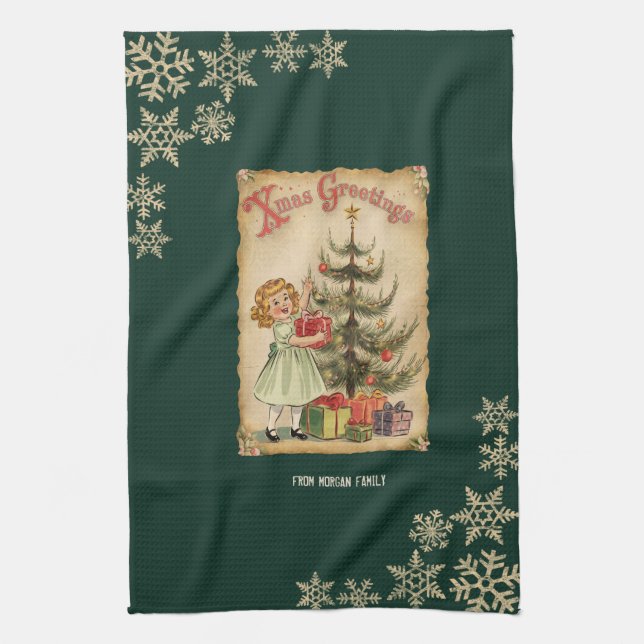 Paño De Cocina Niñas de pinos de época presentan copos de nieve (Vertical)