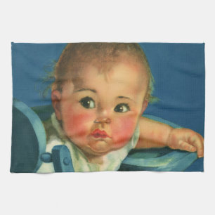 Paño De Cocina Niño Antiguo, Bebé Lindo Niño o Niña en Silla Alta