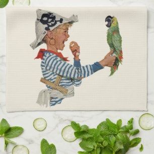 Paño De Cocina Niño Antiguo, Niño Jugando con un Loro Pirata