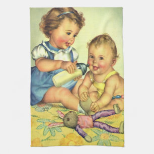 Paño De Cocina Niños Antiguos, Adorables Bebés Felices Sonríen co