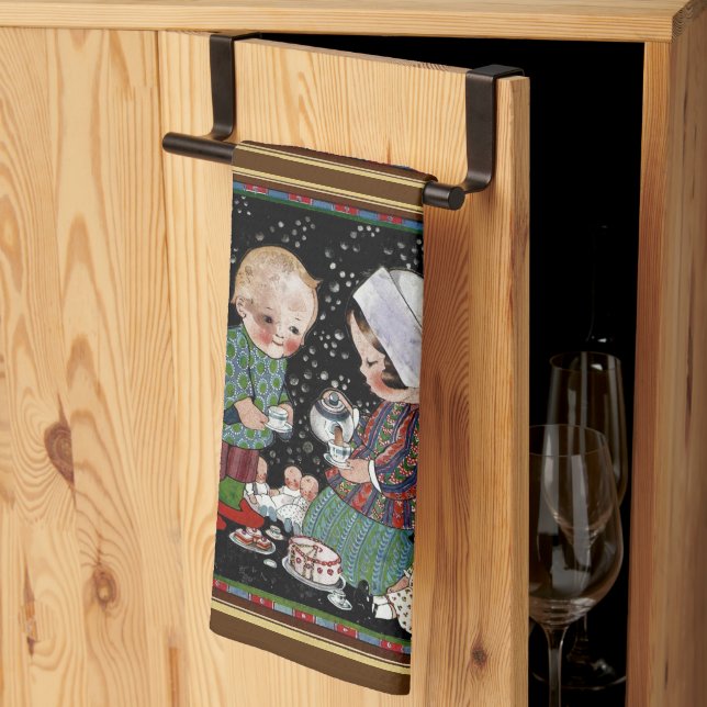 Paño De Cocina Niños antiguos teniendo una fiesta de té imaginari (Pliegue de tercios)