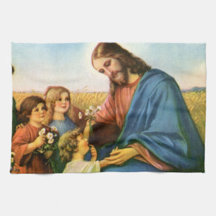 Paño De Cocina Niños antiguos traen flores a Jesucristo