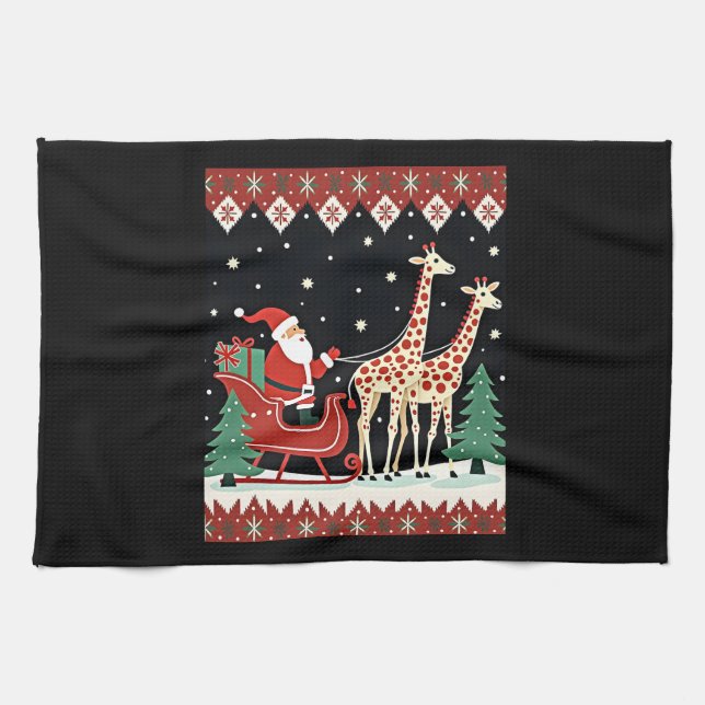 Paño De Cocina Niños Chicas Santa Claus Riding Giraffe Sleigh Feo (Horizontal)