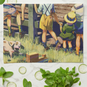 Paño De Cocina Niños de la época saludando a granjeros locales en