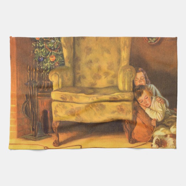 Paño De Cocina Niños de Navidad añejos esperando a Papá Noel (Horizontal)