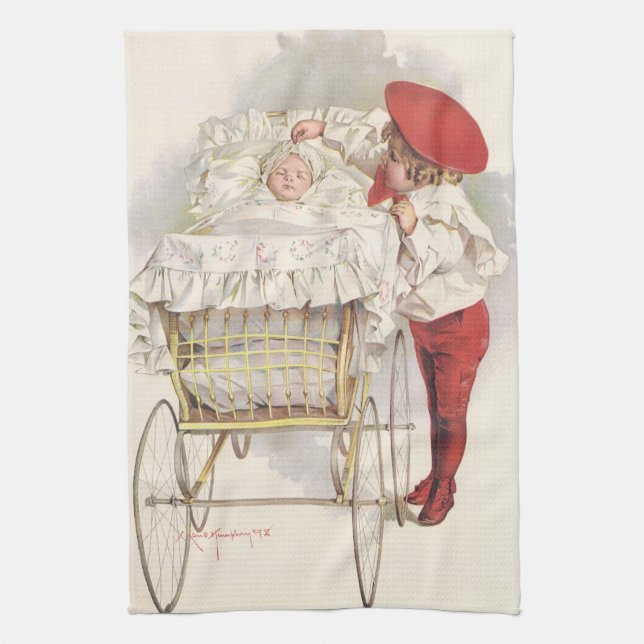 Paño De Cocina Niños victorianos antiguos, niño y bebé en cocheci (Vertical)