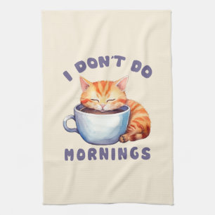 Paño De Cocina No hago mañanas - un gato Naranja con café.