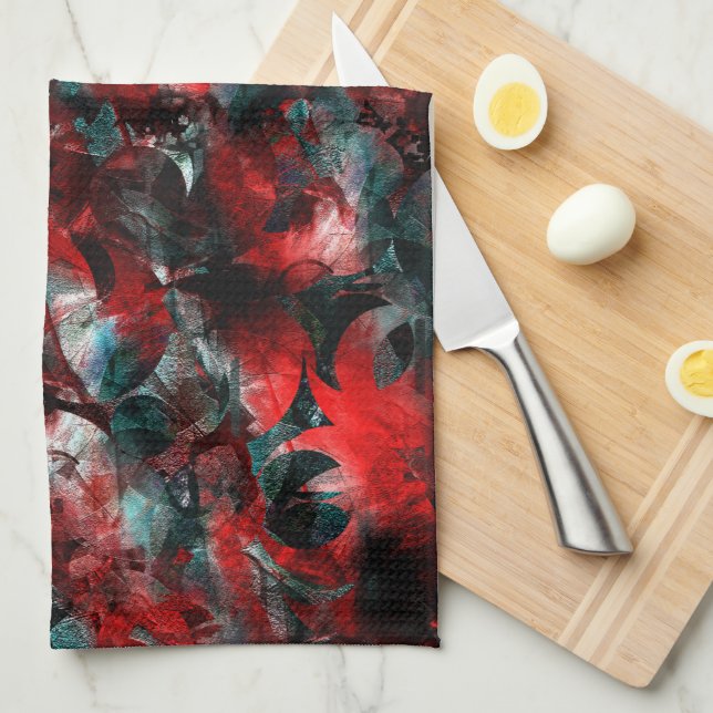 Paño De Cocina Noche con hojas rojas ostentosamente estropeadas c (Doblado Cuarto)