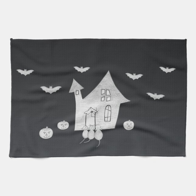 Paño De Cocina Noche de Halloween con casa embrujada, murciélagos (Horizontal)