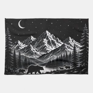 Paño De Cocina Noche Salvaje de Montaña Mística Estilo Linocut