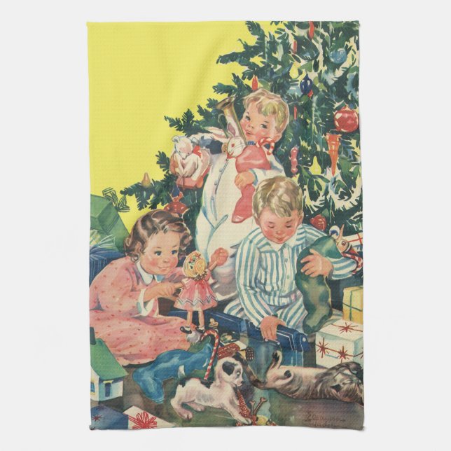 Paño De Cocina Nochebuena vintage, niños abriendo regalos (Vertical)