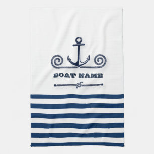 Paño De Cocina Nombre de Barco Náutico, Ancla, Cuerda, Rayas Azul
