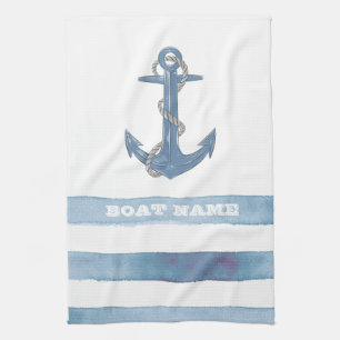 Paño De Cocina Nombre de barco náutico,Ancla,Cuerda,Rayas azules 