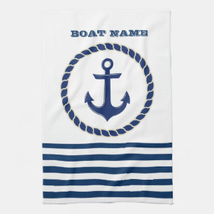 Paño De Cocina Nombre de Barco Náutico, Ancla Rayas Azul Marino