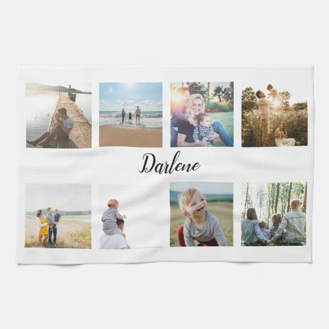 Paño De Cocina Nombre de Collage de fotos familiar personalizado (Horizontal)